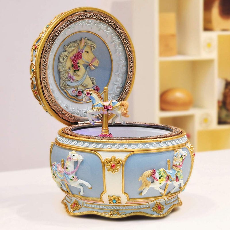 Briskfeel Classical Carousel Horse Music Box LED lights Twinkling Resin Carved Collectible Mechanical Musical Box with Sankyo 18-Note Horse Rotates with Music - Image 2
